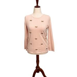 Talbots long sleeve crewneck Tee pale pink embroidered Fox print cotton top S